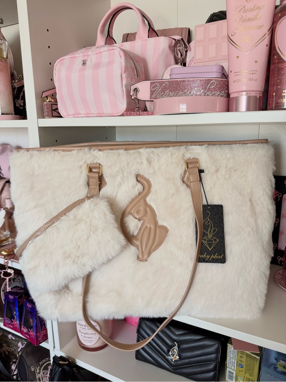 Baby Phat Cream Faux Fur Tote with Tan Trim and Detachable Pouch